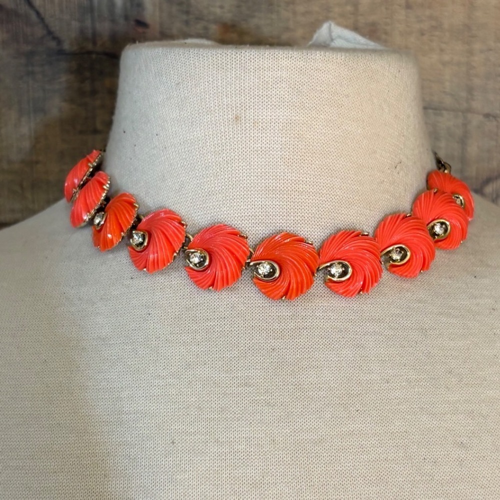 Vintage Orange Thermoset Rhinestone Choker Necklace Silver Tone MCM